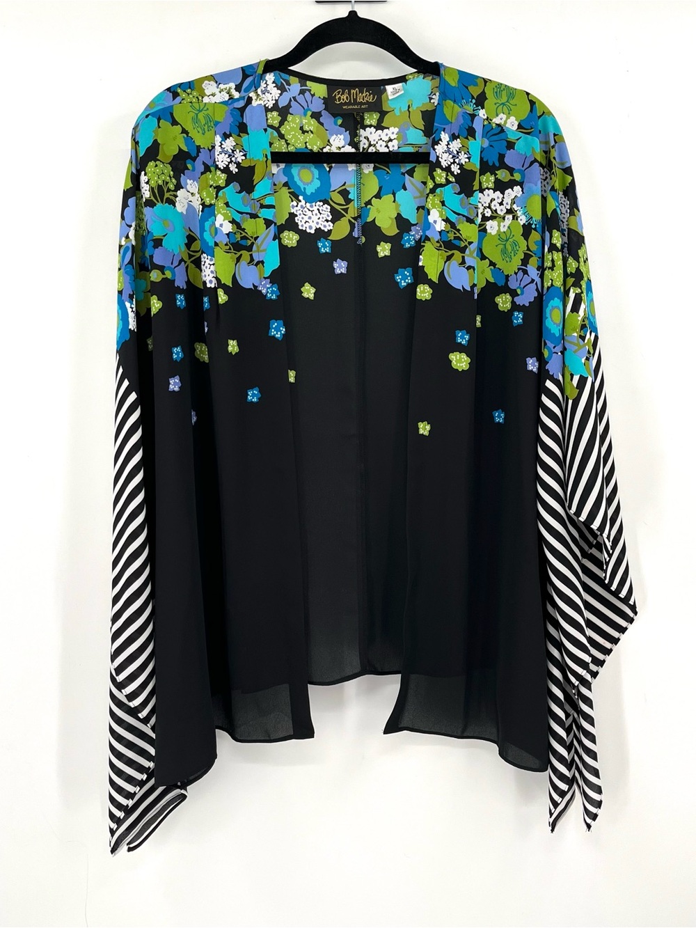BOB MACKIE Wearable Art Kimono Layer Top Flowy Floral Stripe XL Open Front Women